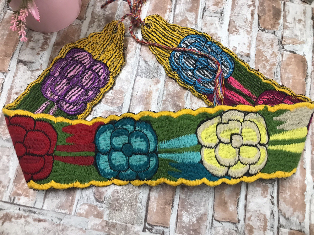 Mexican Handmade Floral Embroidered Belt Sash With Colorful Flowers 36" Cotton